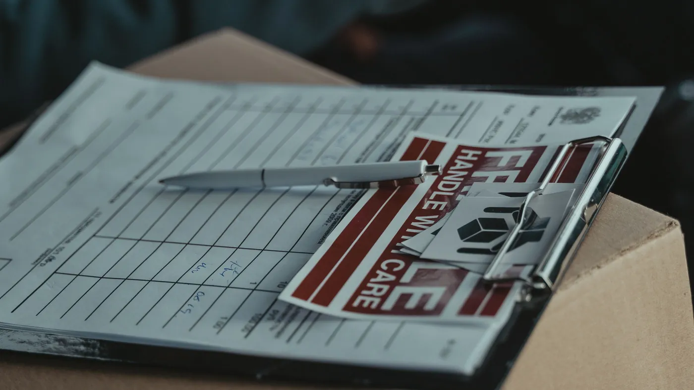 A clipboard of delivery paperwork resting on a cardboard box next to a Handle With Care sticker, standing in for the delivery and returns facts that only about one product page in eight publishes in a machine-readable form.