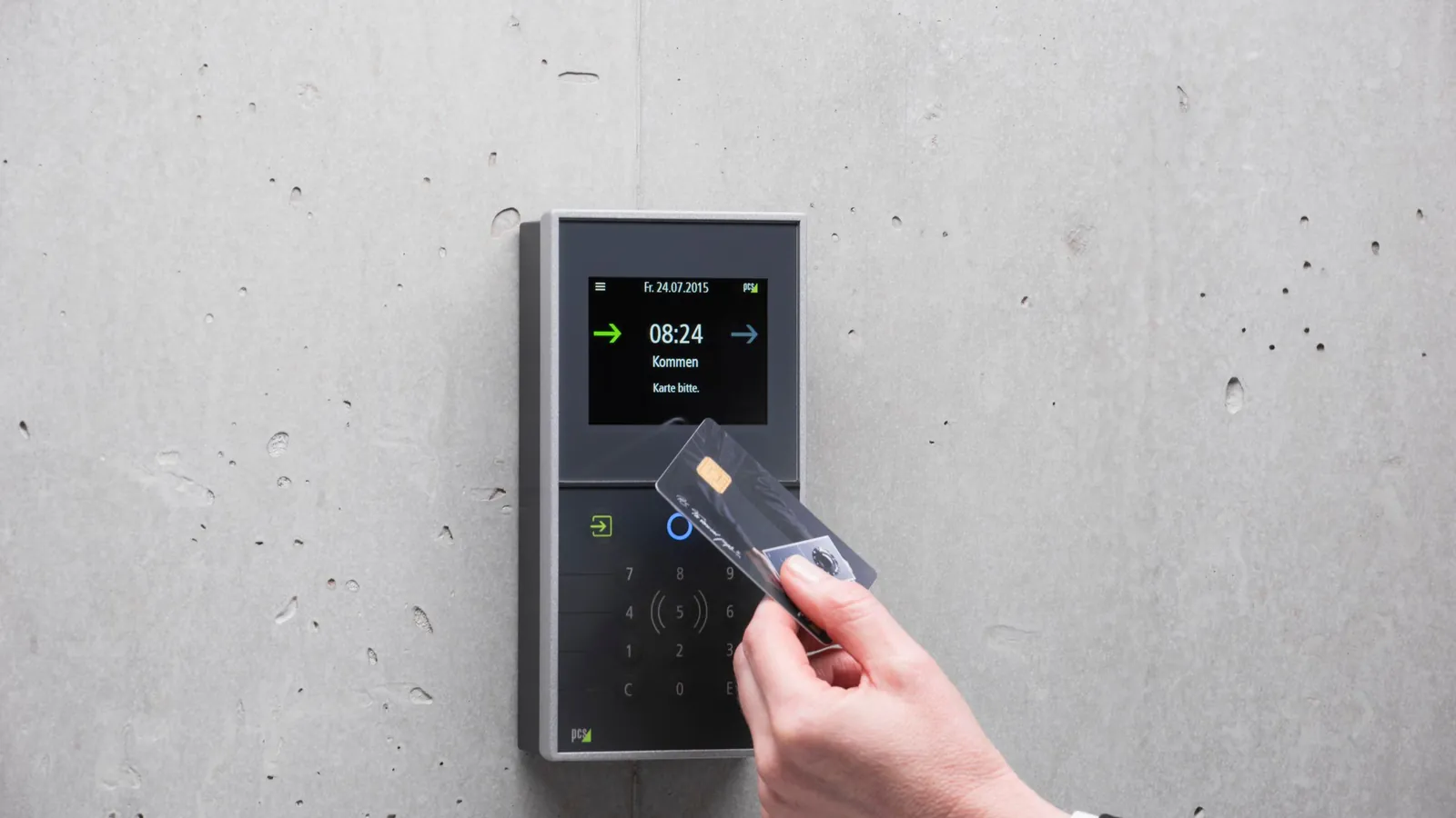 A hand holding an access card up to a wall-mounted card reader beside a locked door, standing in for the sign-in step an AI agent has to clear before it can act on a customer's behalf.